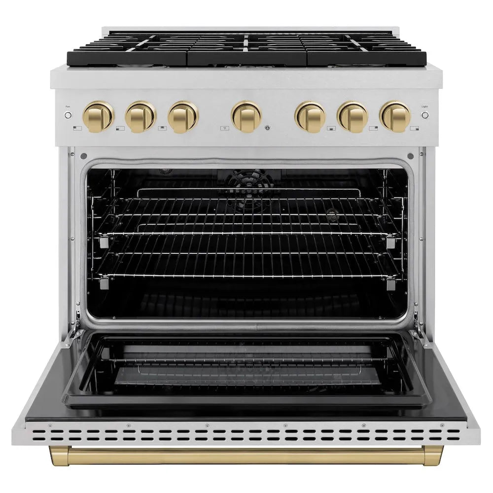 ZLINE Autograph Edition Paramount 36-inch range in satin stainless steel and champagne bronze accents SDRSZ-36-CB, front view