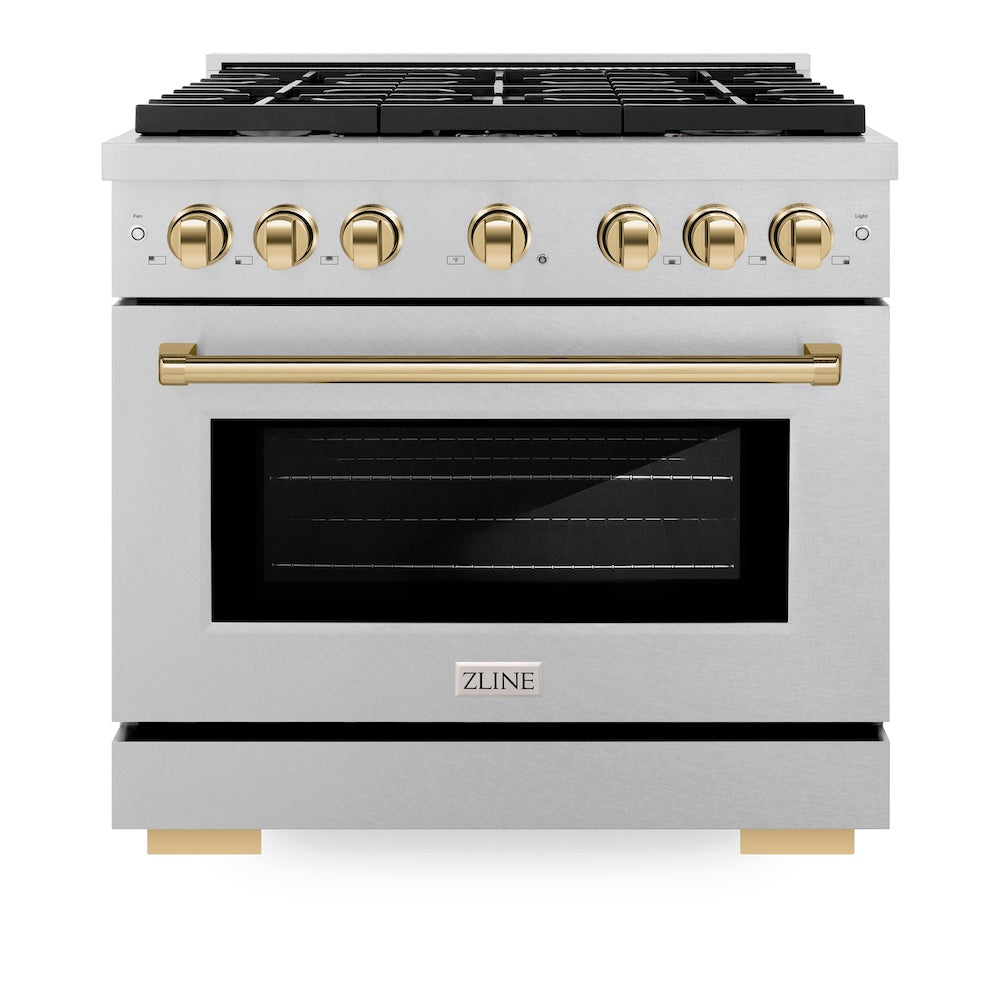 ZLINE Autograph Edition Paramount 36-inch range in satin stainless steel and polished gold accents SDRSZ-36-G, front view