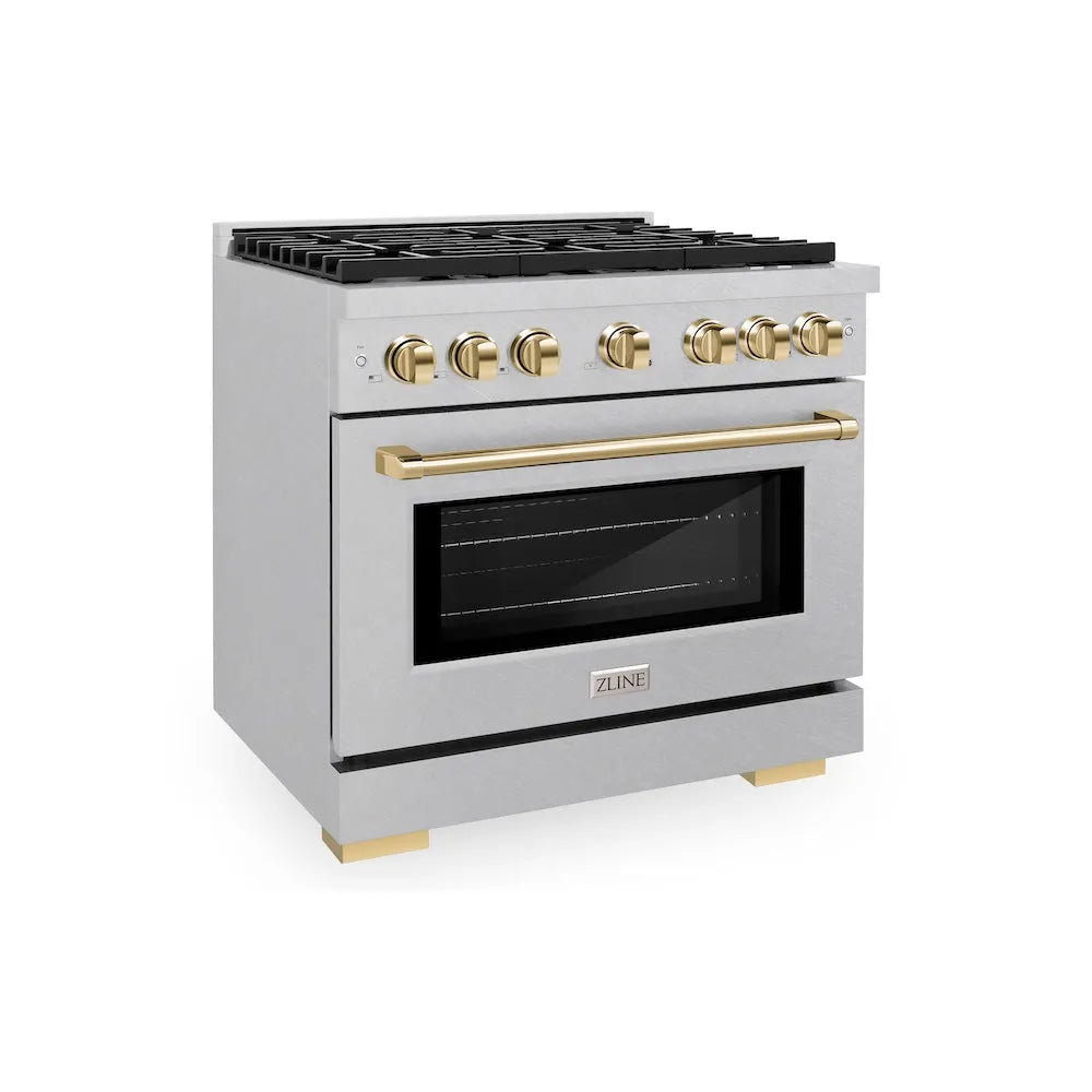 ZLINE Autograph Edition Paramount 36-inch range in satin stainless steel and polished gold accents SDRSZ-36-G