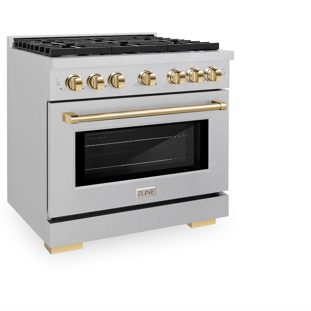 ZLINE Autograph Edition Paramount 36-inch range in satin stainless steel and polished gold accents SDRSZ-36-G, view 5