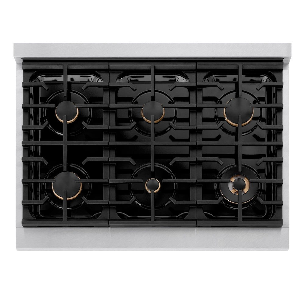 ZLINE Autograph Edition Paramount 36-inch range in satin stainless steel and matte black accents SDRSZ-36-MB, from above