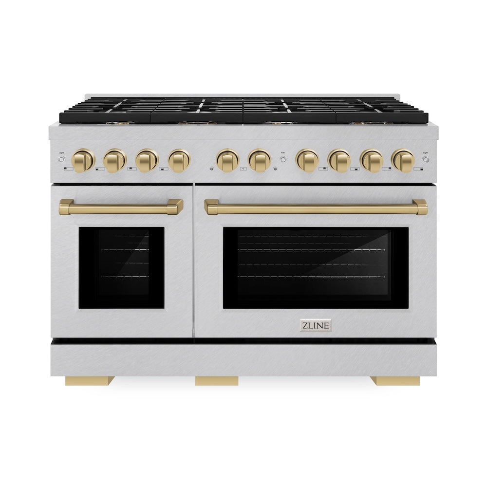ZLINE Autograph Edition Paramount 48-inch range in satin stainless steel and champagne bronze accents SDRSZ-48-CB, front view