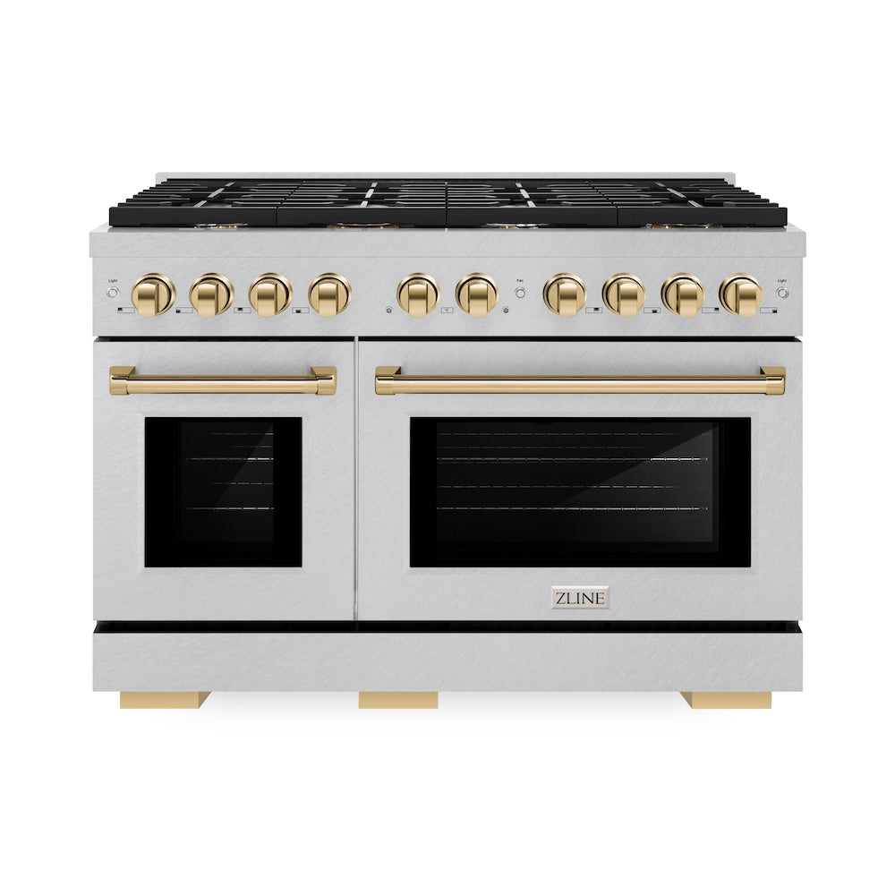 ZLINE Autograph Edition Paramount 48-inch range in satin stainless steel and polished gold accents SDRSZ-48-G, front view