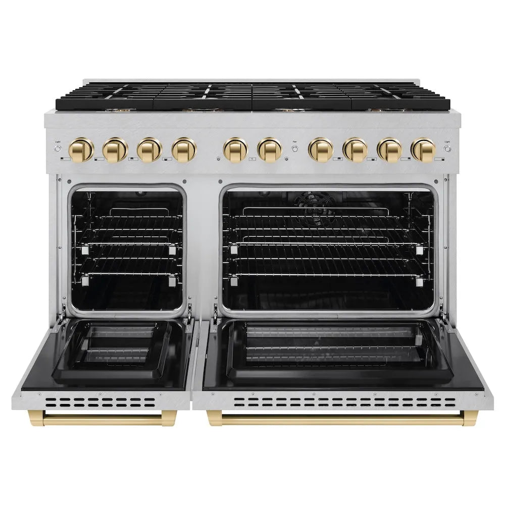 ZLINE Autograph Edition Paramount 48-inch range in satin stainless steel and polished gold accents SDRSZ-48-G, front view