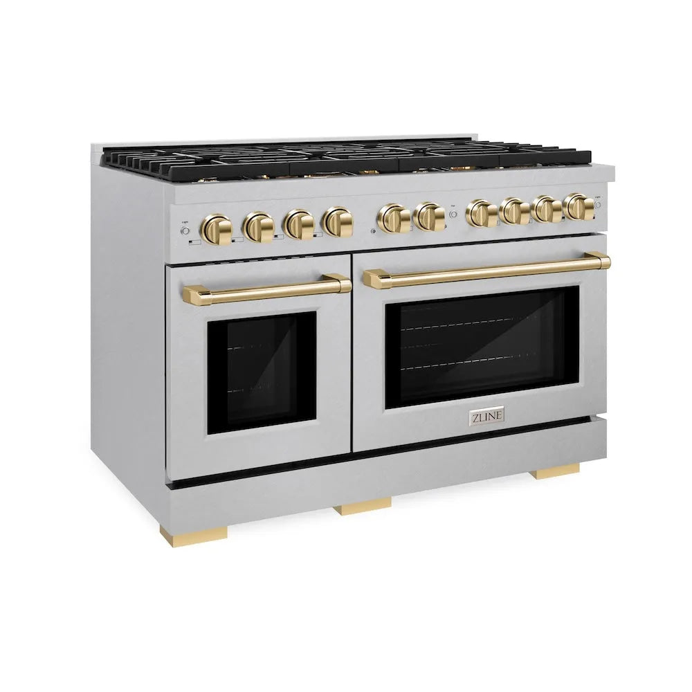 ZLINE Autograph Edition Paramount 48-inch range in satin stainless steel and polished gold accents SDRSZ-48-G