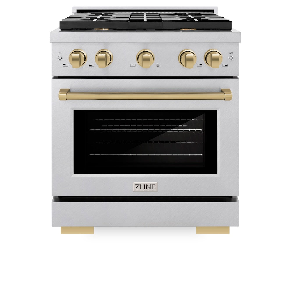 ZLINE Autograph Edition Paramount 30-inch range in satin stainless steel and champagne bronze accents SGRSZ-30-CB, front view