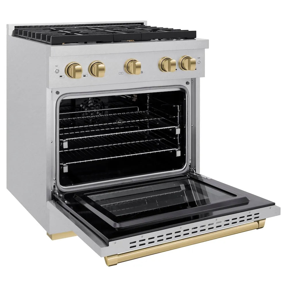 ZLINE Autograph Edition Paramount 30-inch range in satin stainless steel and champagne bronze accents SGRSZ-30-CB, door open