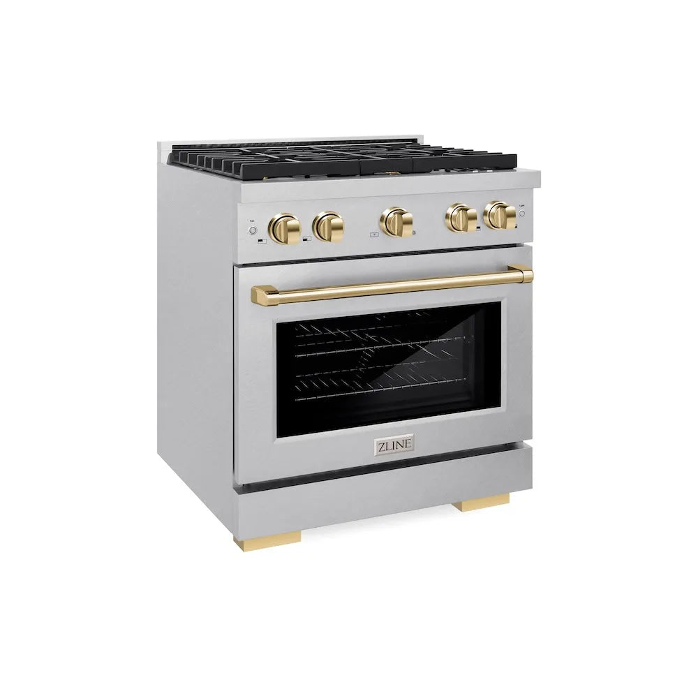 ZLINE Autograph Edition Paramount 30-inch range in satin stainless steel and polished gold accents SGRSZ-30-G