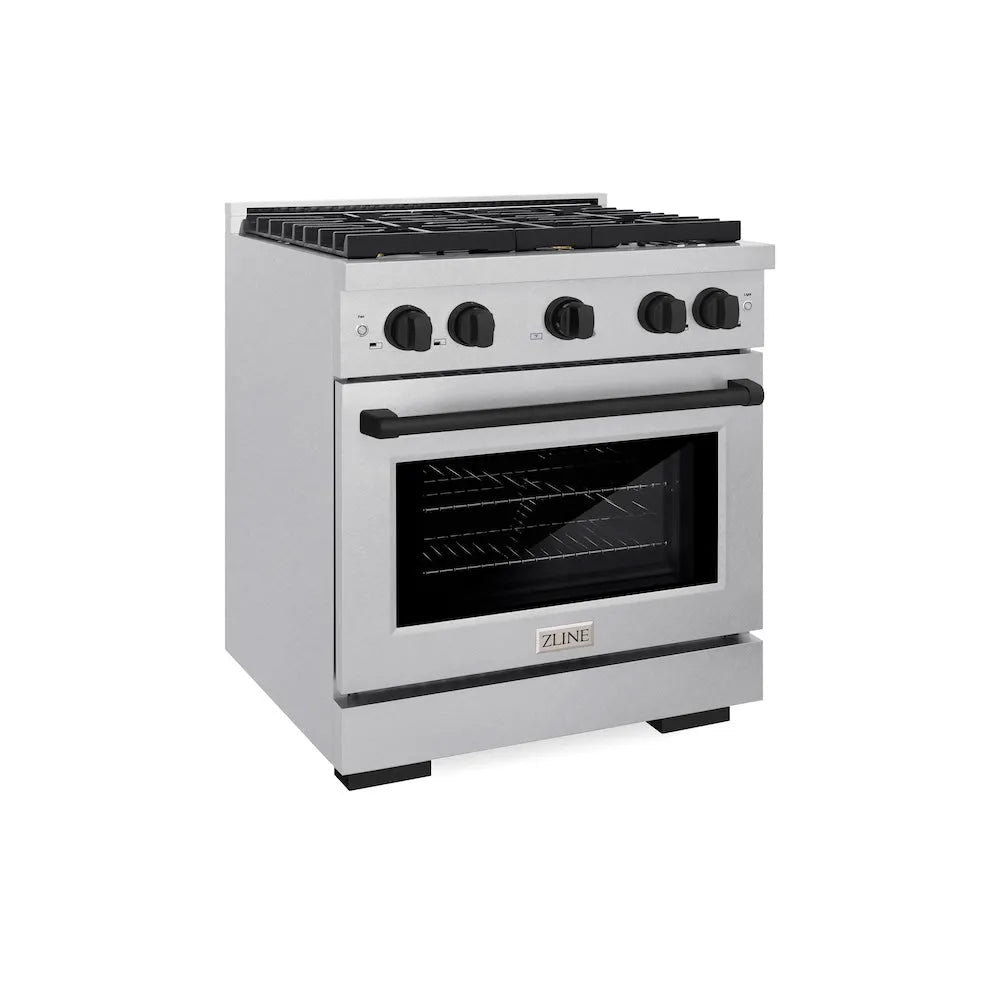 ZLINE Autograph Edition Paramount 30-inch range in satin stainless steel and matte black accents SGRSZ-30-MB