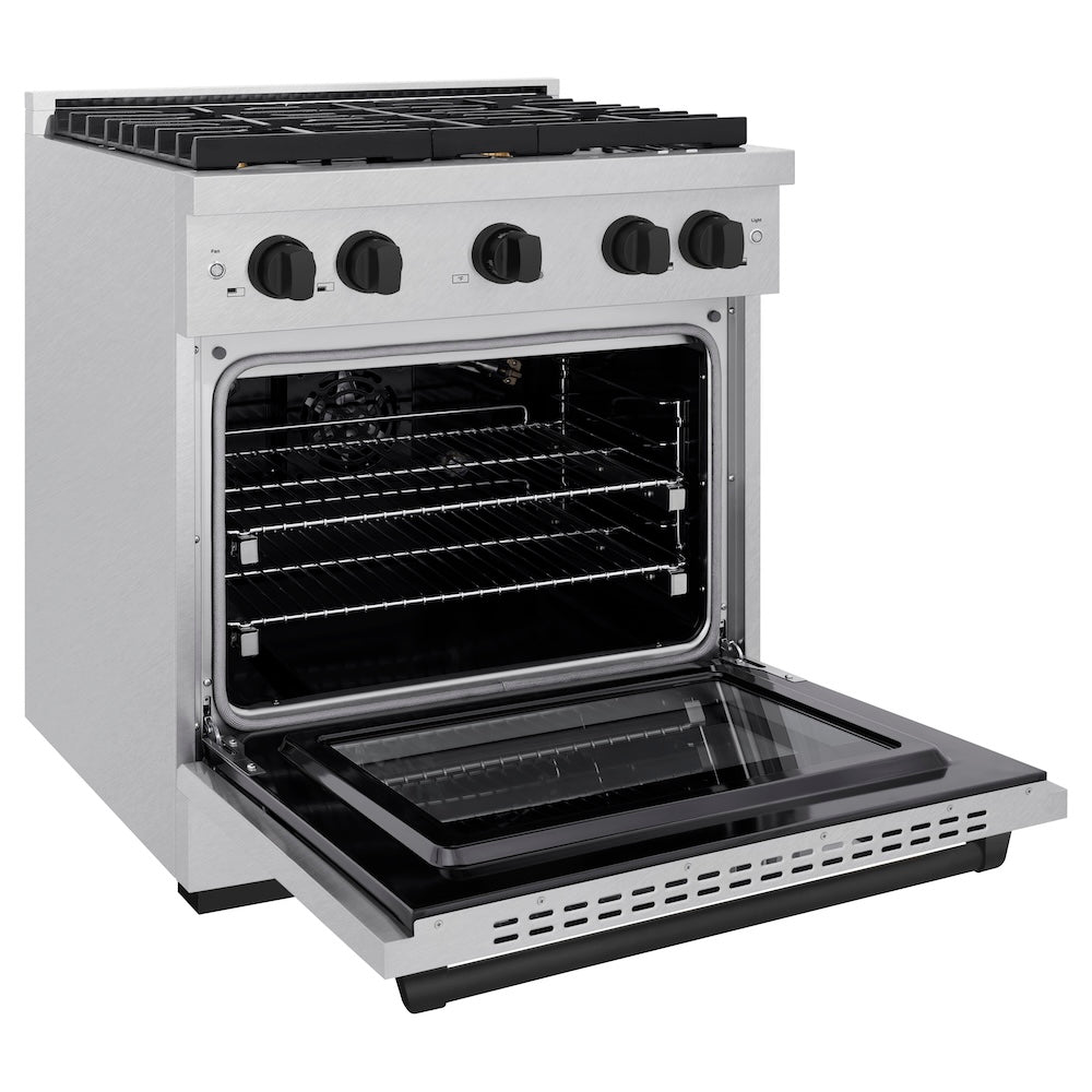 ZLINE Autograph Edition Paramount 30-inch range in satin stainless steel and matte black accents SGRSZ-30-MB, door open