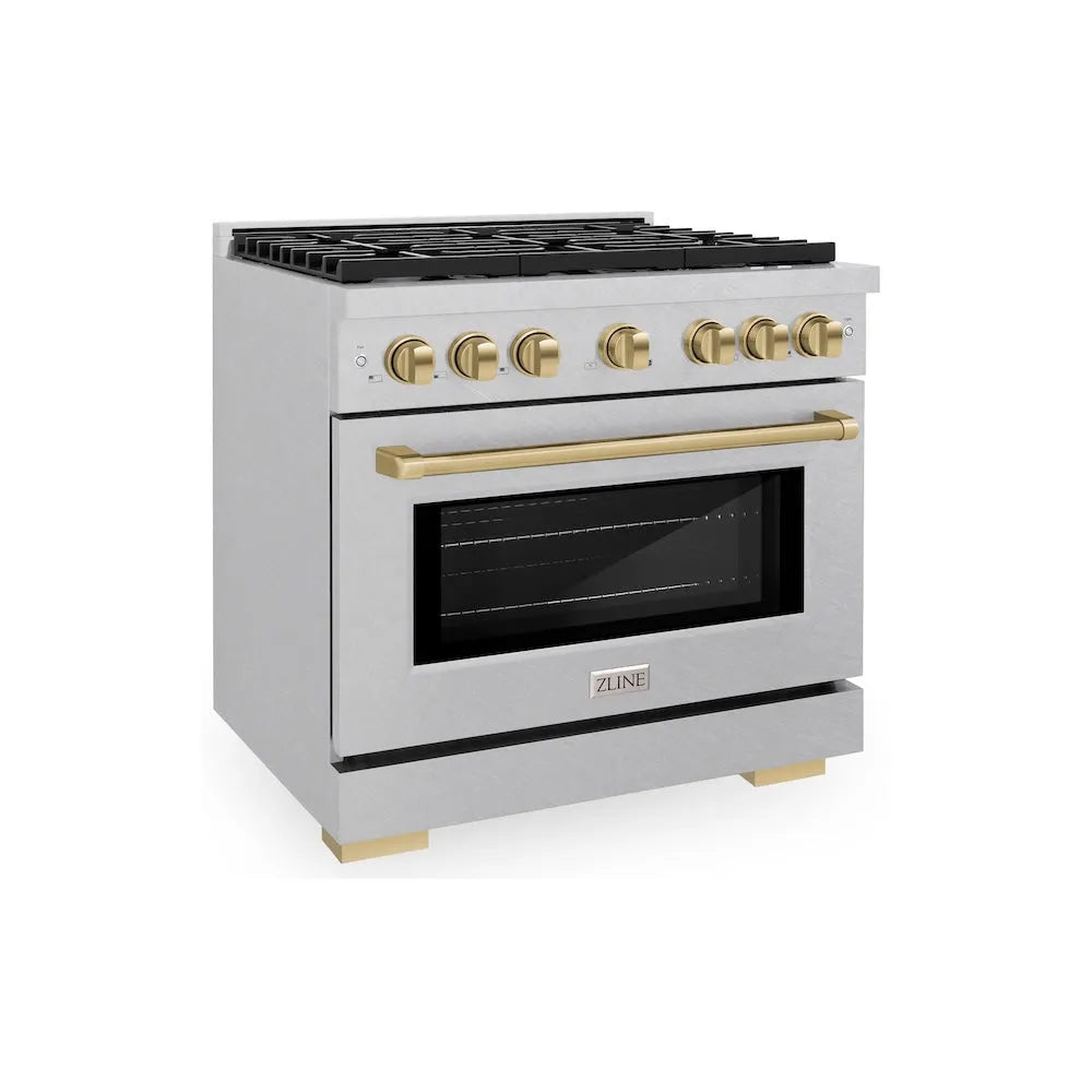 ZLINE Autograph Edition Paramount 36-inch range in satin stainless steel and champagne bronze accents SGRSZ-36-CB