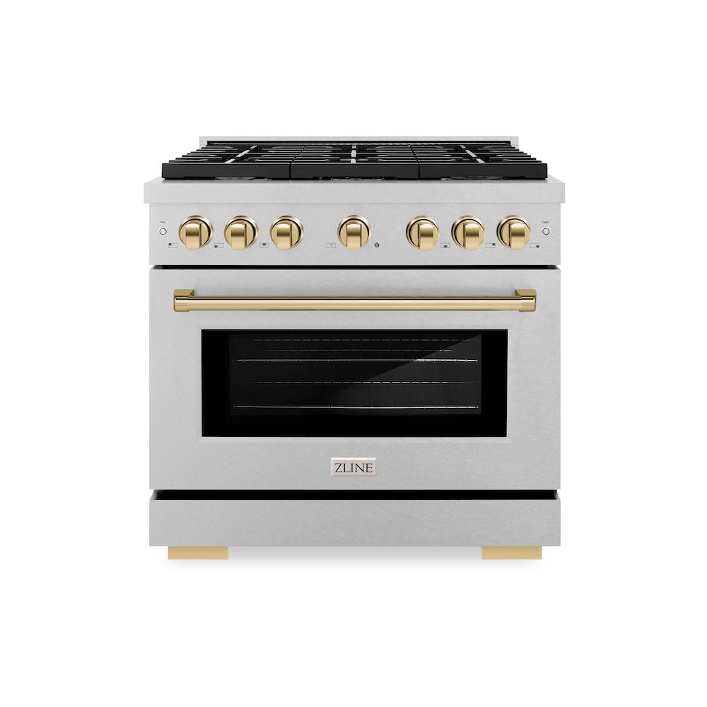 ZLINE Autograph Edition Paramount 36-inch range in satin stainless steel and polished gold accents SGRSZ-36-G, front view