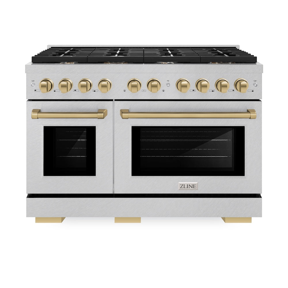 ZLINE Autograph Edition Paramount 48-inch range in satin stainless steel and champagne bronze accents SGRSZ-48-CB, front view