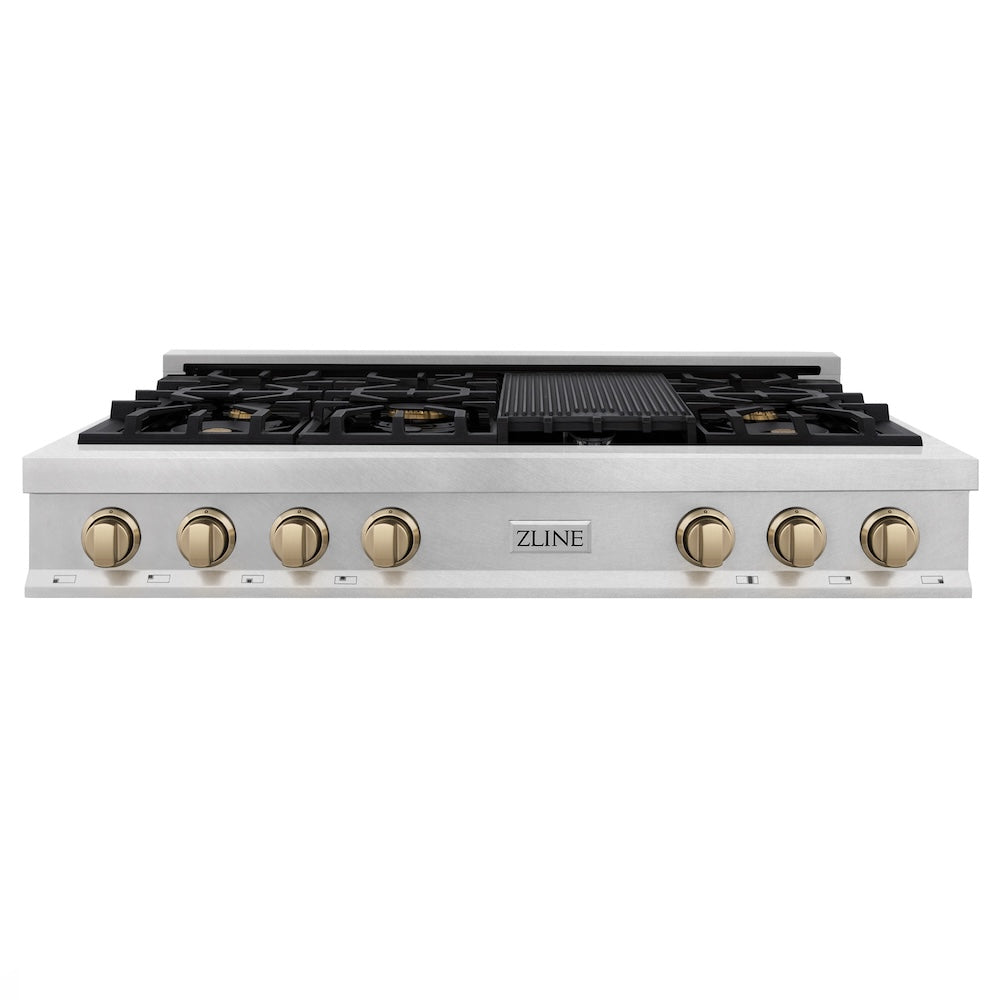 ZLINE Autograph Edition Legacy 48-inch rangetop in satin stainless steel and champagne bronze accents RTSZ-48-CB, front view