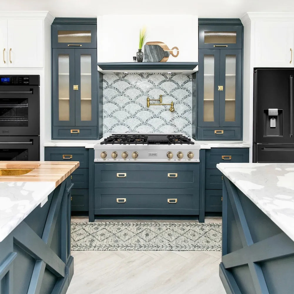 ZLINE Autograph Edition Legacy 48-inch rangetop in satin stainless steel and champagne bronze accents RTSZ-48-CB, from above