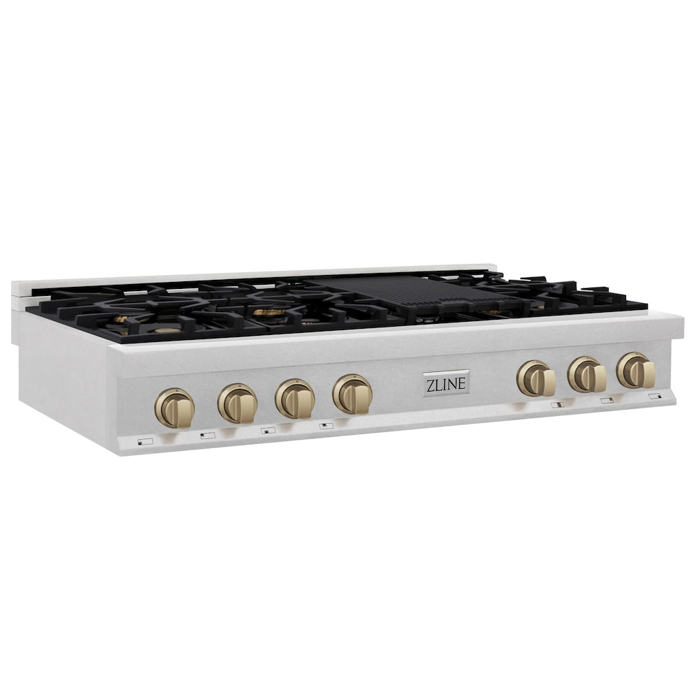 ZLINE Autograph Edition Legacy 48-inch rangetop in satin stainless steel and champagne bronze accents RTSZ-48-CB