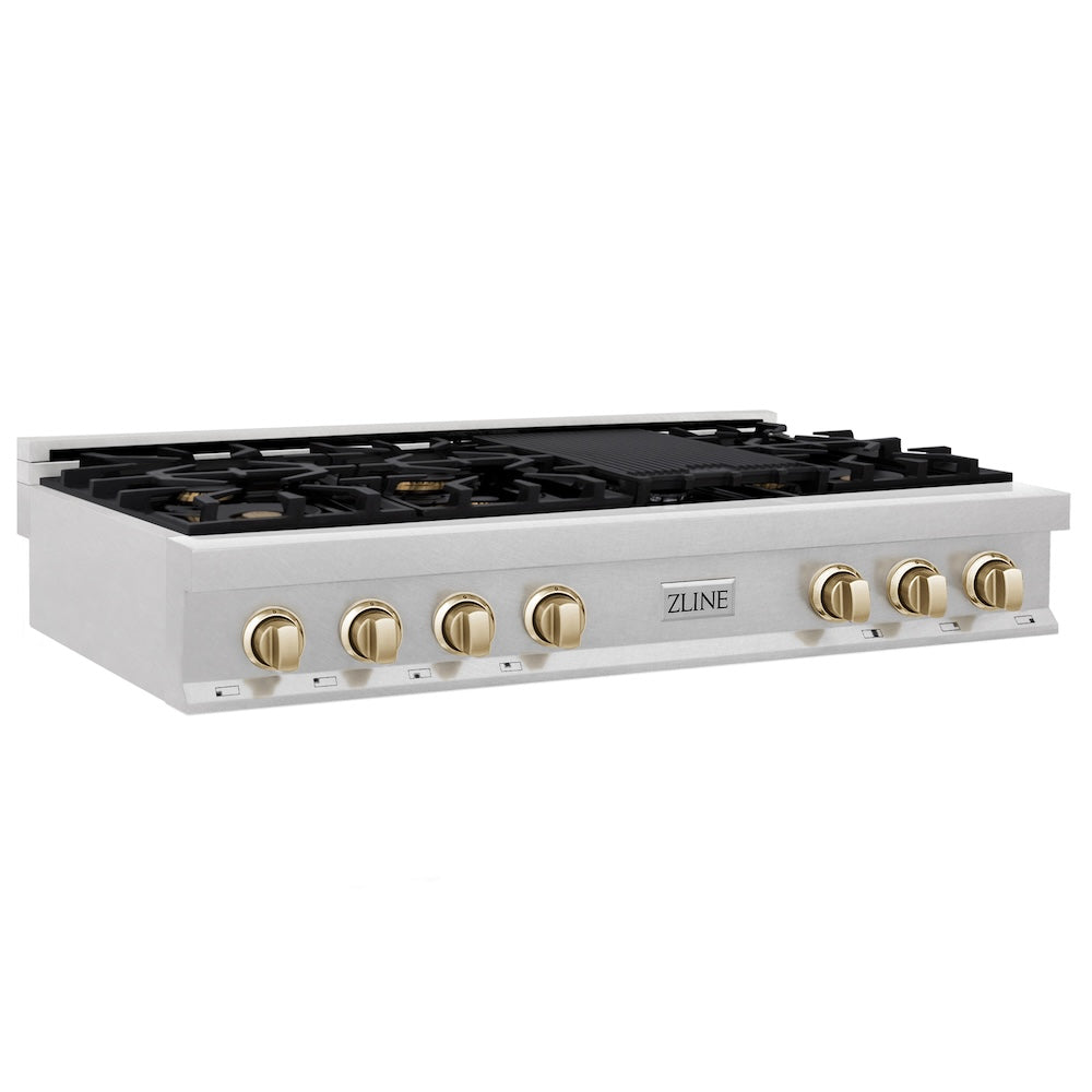 ZLINE Autograph Edition Legacy 48-inch rangetop in satin stainless steel and polished gold accents RTSZ-48-G