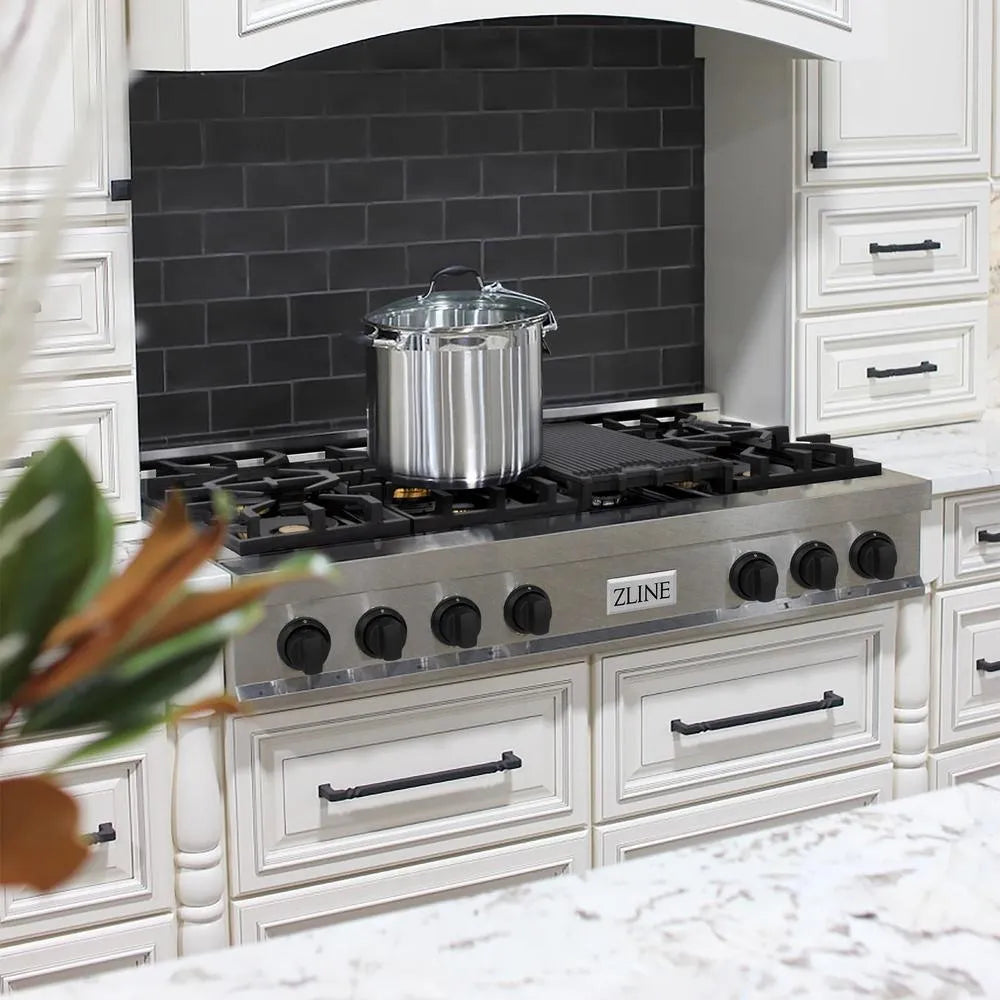 ZLINE Autograph Edition Legacy 48-inch rangetop in satin stainless steel and matte black accents RTSZ-48-MB, from above