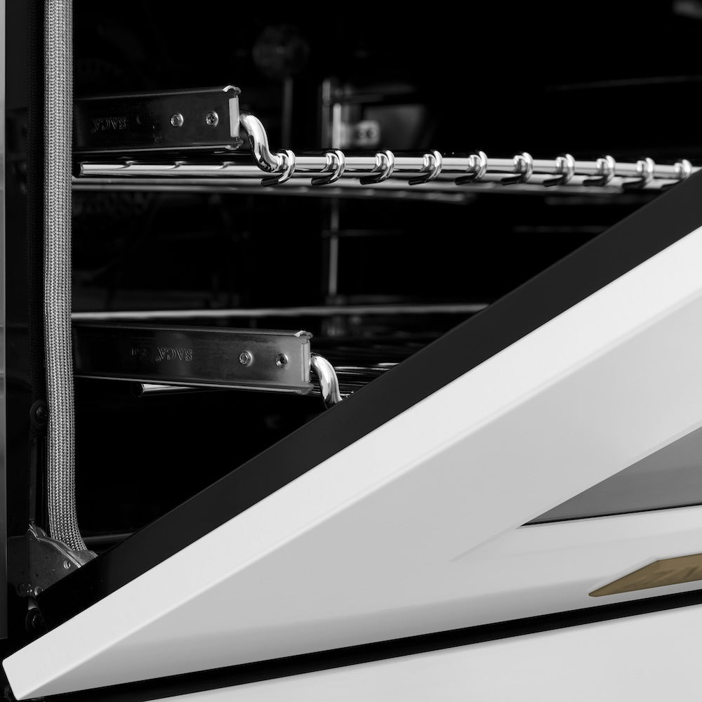 ZLINE Autograph Edition Legacy 30-inch range in satin stainless steel with white matte door and champagne bronze accents RASZ-WM-30-CB, detail