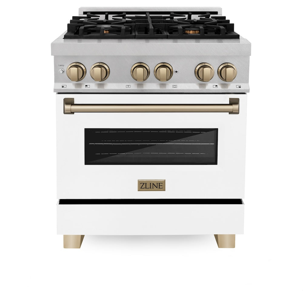 ZLINE Autograph Edition Legacy 30-inch range in satin stainless steel with white matte door and champagne bronze accents RASZ-WM-30-CB, front view