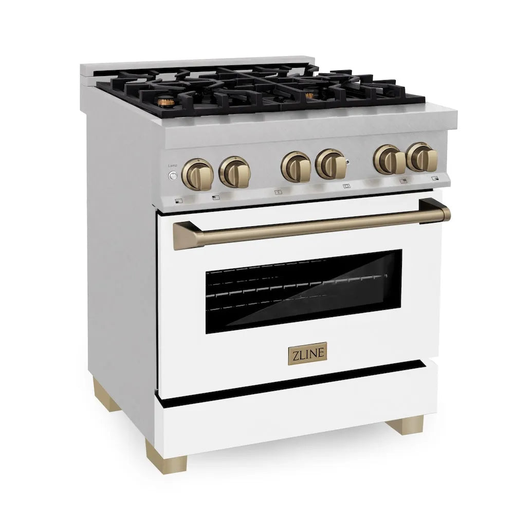 ZLINE Autograph Edition Legacy 30-inch range in satin stainless steel with white matte door and champagne bronze accents RASZ-WM-30-CB