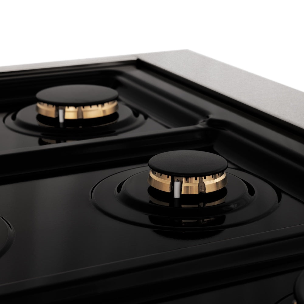 ZLINE Autograph Edition Legacy 30-inch range in satin stainless steel with white matte door and polished gold accents RASZ-WM-30-G, detail