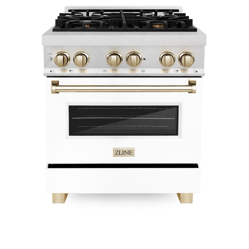 ZLINE Autograph Edition Legacy 30-inch range in satin stainless steel with white matte door and polished gold accents RASZ-WM-30-G, front view