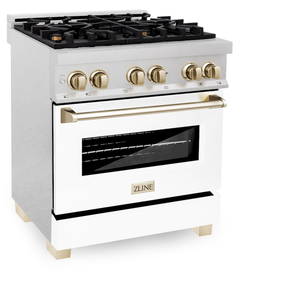 ZLINE Autograph Edition Legacy 30-inch range in satin stainless steel with white matte door and polished gold accents RASZ-WM-30-G, view 3