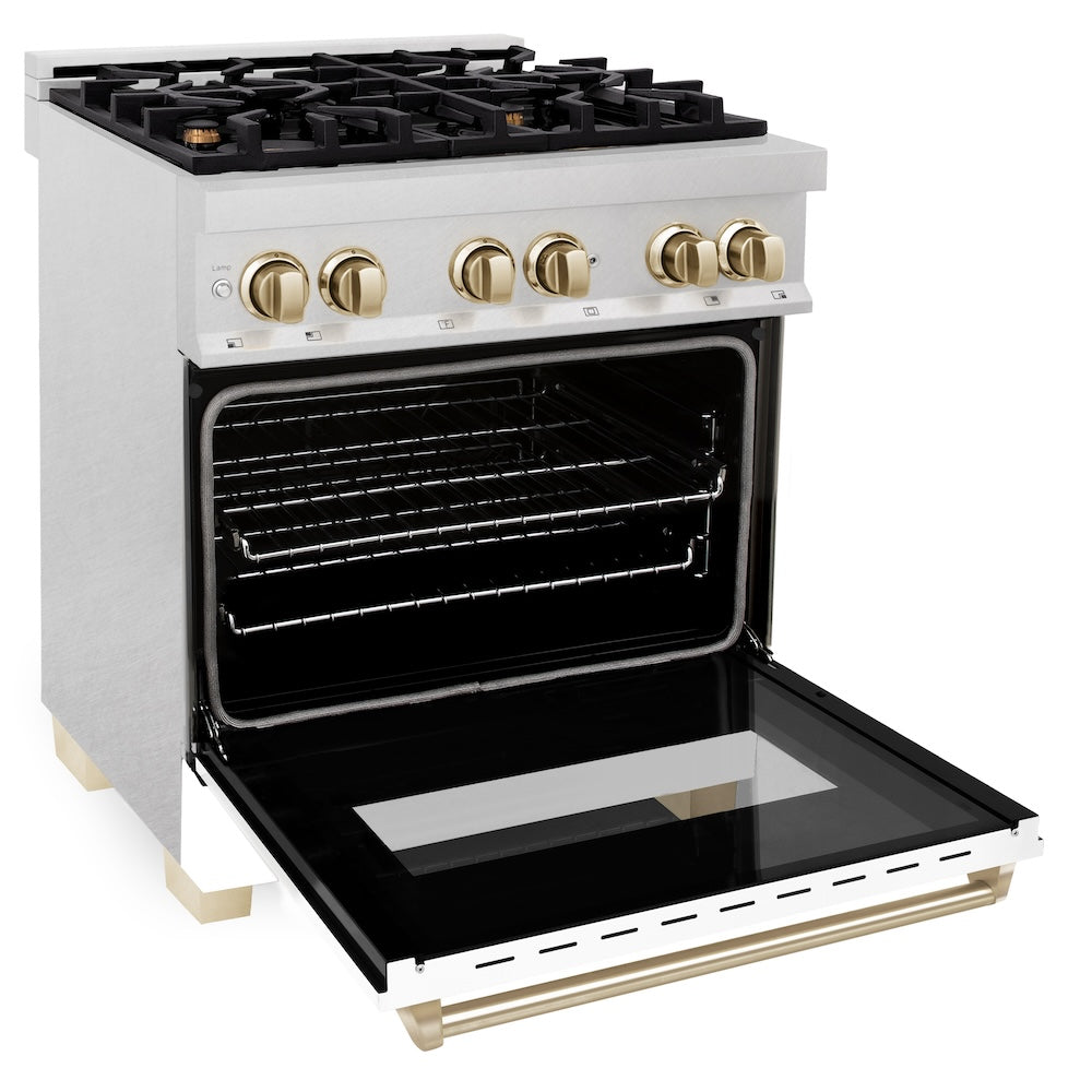 ZLINE Autograph Edition Legacy 30-inch range in satin stainless steel with white matte door and polished gold accents RASZ-WM-30-G, door open