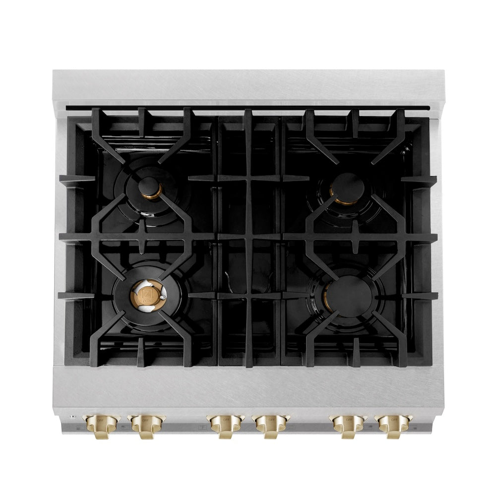 ZLINE Autograph Edition Legacy 30-inch range in satin stainless steel with white matte door and polished gold accents RASZ-WM-30-G, from above