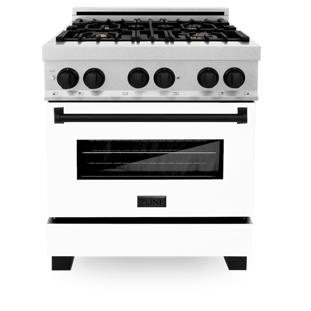 ZLINE Autograph Edition Legacy 30-inch range in satin stainless steel with white matte door and matte black accents RASZ-WM-30-MB, front view