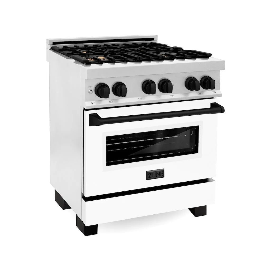 ZLINE Autograph Edition Legacy 30-inch range in satin stainless steel with white matte door and matte black accents RASZ-WM-30-MB