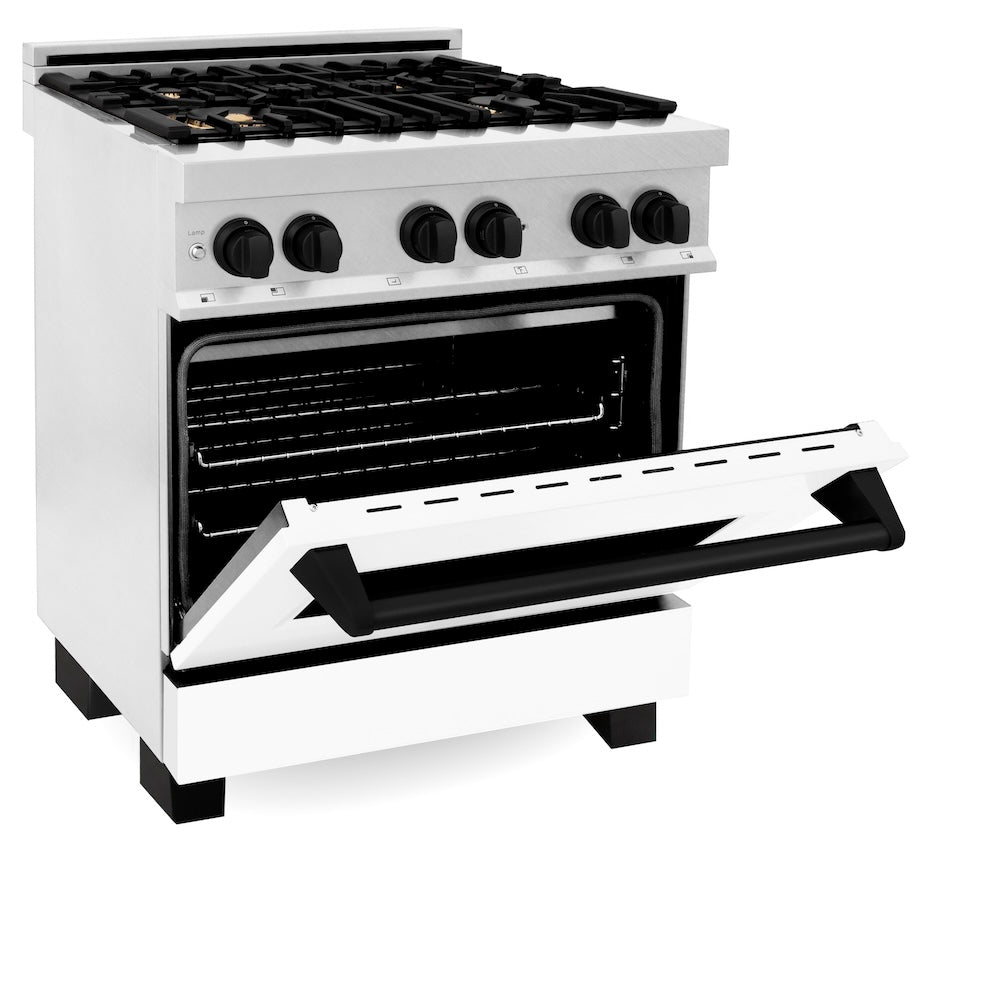 ZLINE Autograph Edition Legacy 30-inch range in satin stainless steel with white matte door and matte black accents RASZ-WM-30-MB, door open