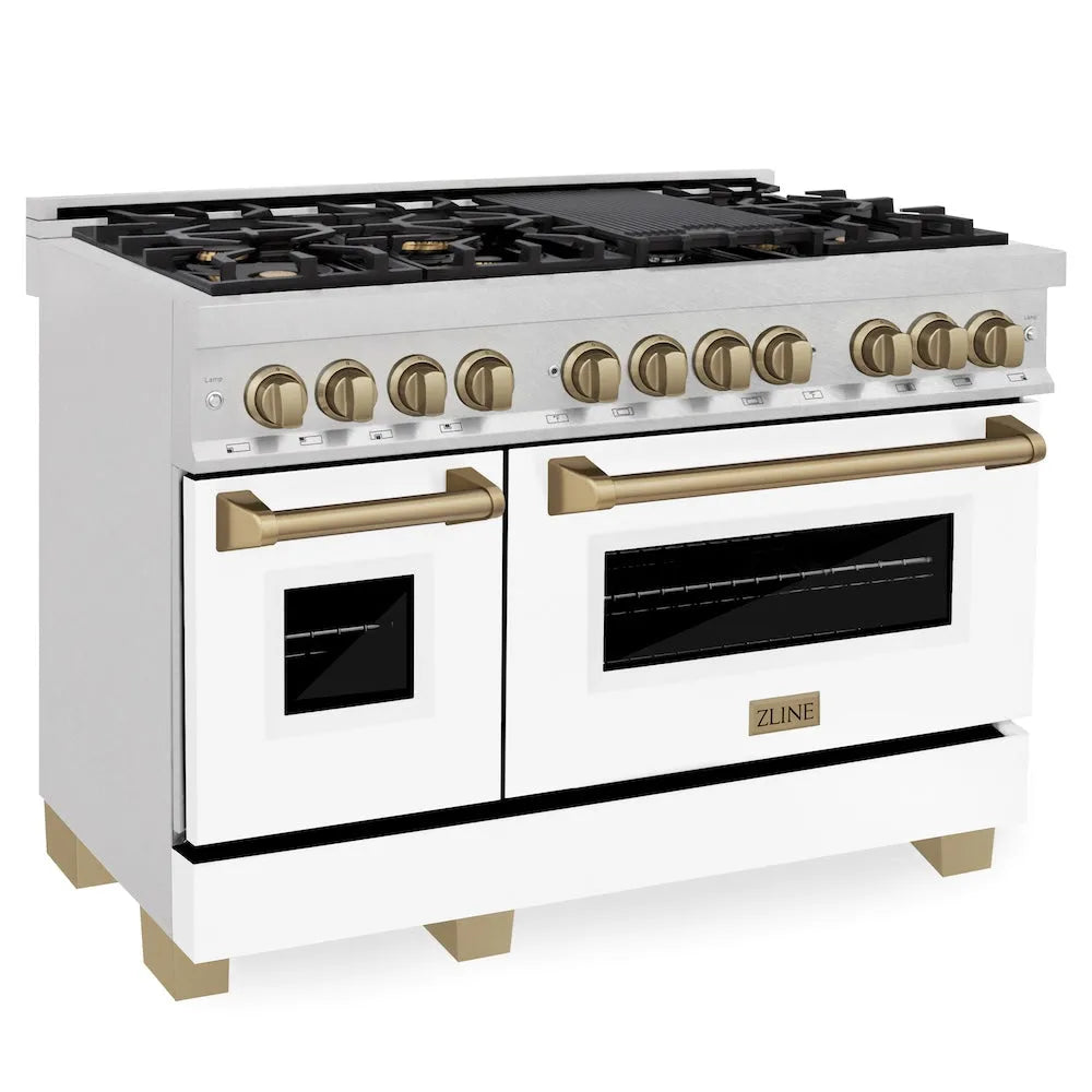 ZLINE Autograph Edition Legacy 48-inch range in satin stainless steel with white matte door and champagne bronze accents RASZ-WM-48-CB