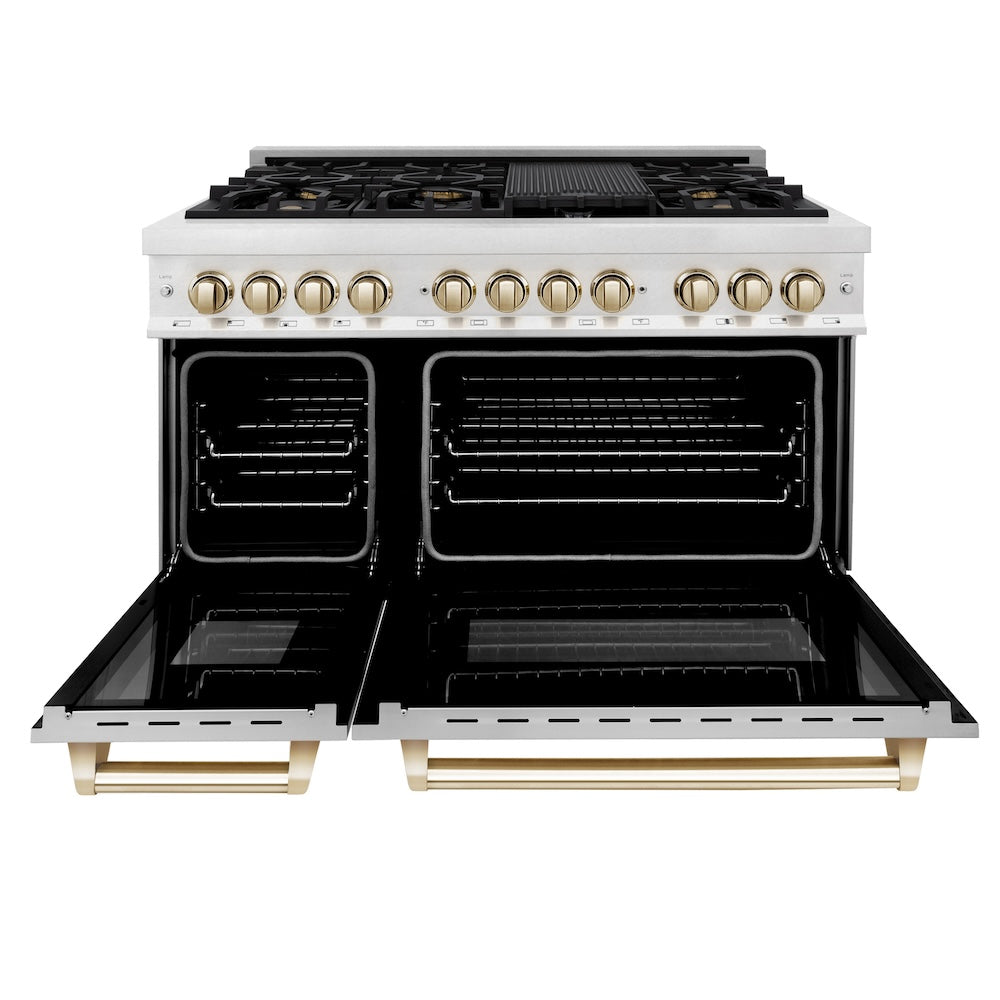 ZLINE Autograph Edition Legacy 48-inch range in satin stainless steel with white matte door and polished gold accents RASZ-WM-48-G, front view
