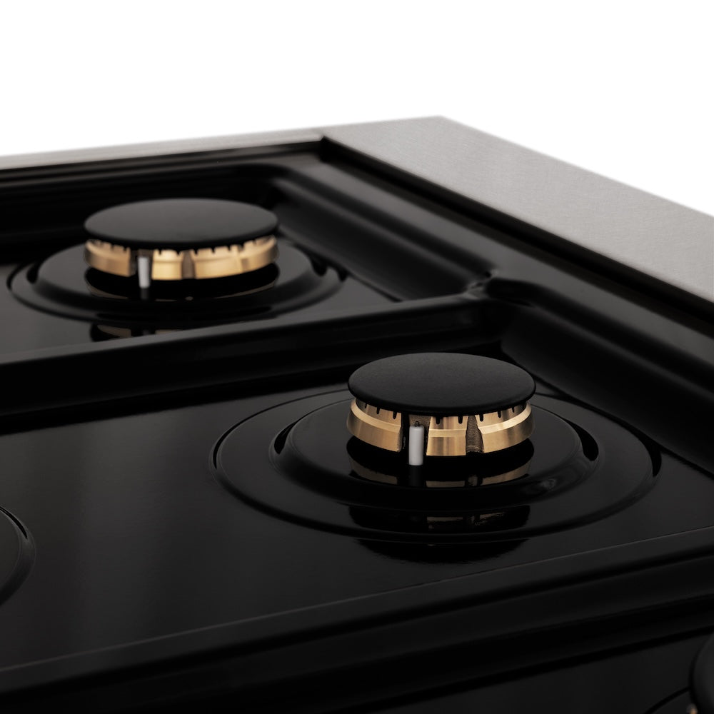 ZLINE Autograph Edition Legacy 48-inch range in satin stainless steel with white matte door and matte black accents RASZ-WM-48-MB, detail