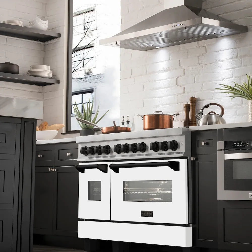 ZLINE Autograph Edition Legacy 48-inch range in satin stainless steel with white matte door and matte black accents RASZ-WM-48-MB, from above