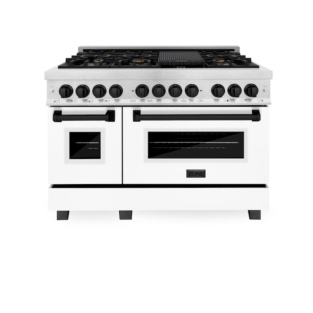 ZLINE Autograph Edition Legacy 48-inch range in satin stainless steel with white matte door and matte black accents RASZ-WM-48-MB, front view