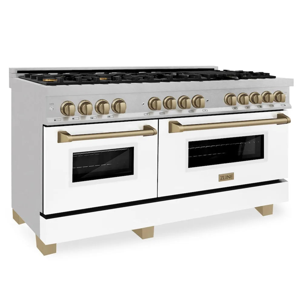 ZLINE Autograph Edition Legacy 60-inch range in satin stainless steel with white matte door and champagne bronze accents RASZ-WM-60-CB