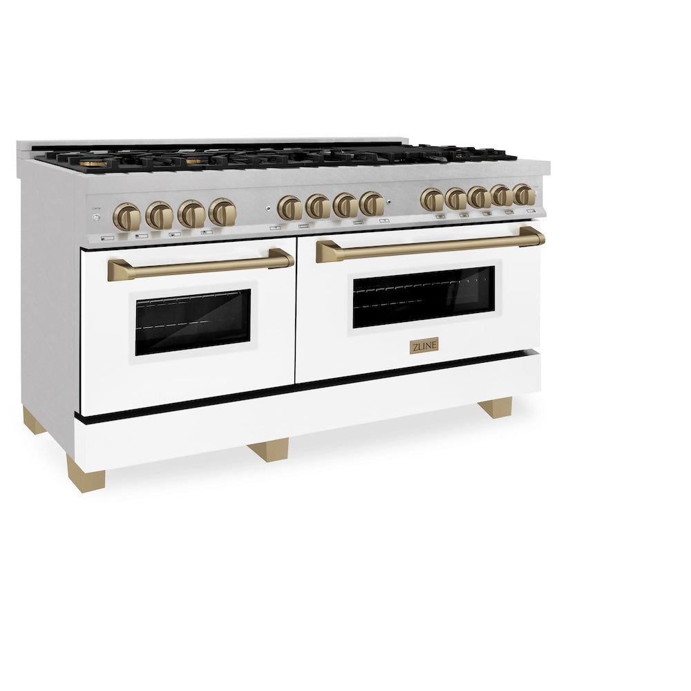 ZLINE Autograph Edition Legacy 60-inch range in satin stainless steel with white matte door and champagne bronze accents RASZ-WM-60-CB, view 4