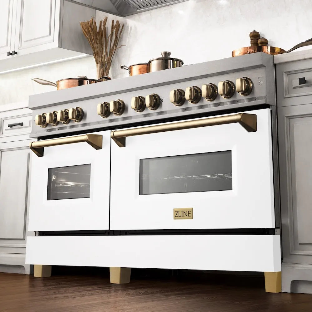 ZLINE Autograph Edition Legacy 60-inch range in satin stainless steel with white matte door and polished gold accents RASZ-WM-60-G, from above