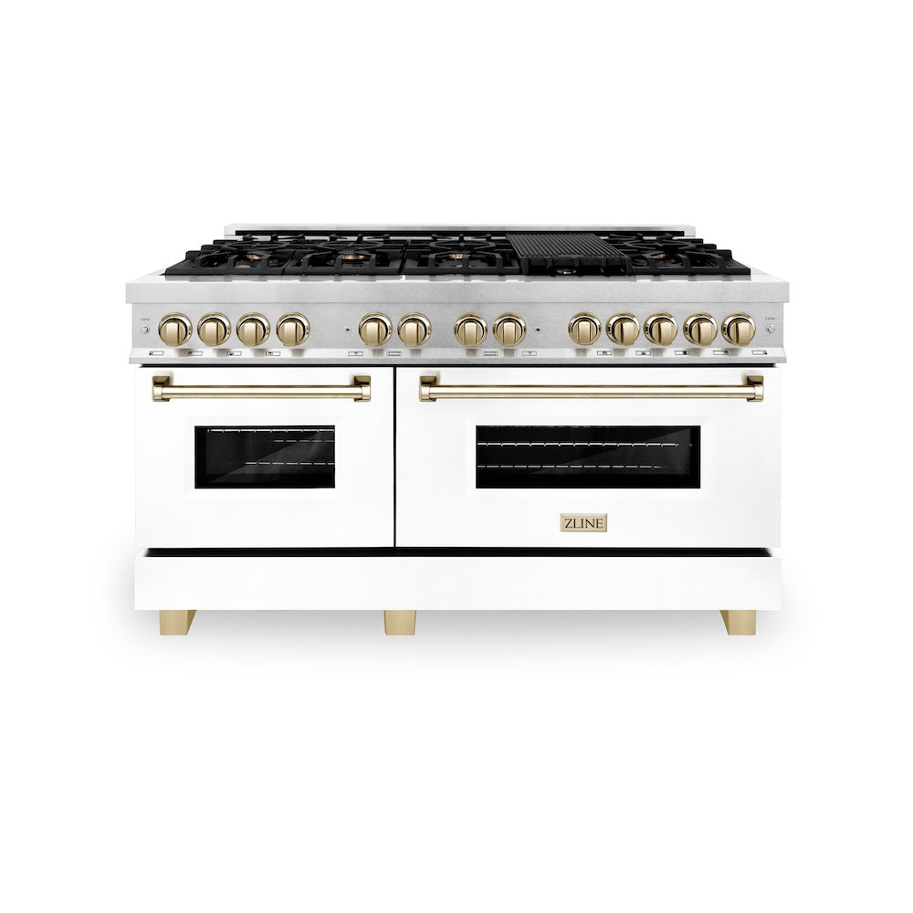ZLINE Autograph Edition Legacy 60-inch range in satin stainless steel with white matte door and polished gold accents RASZ-WM-60-G, front view