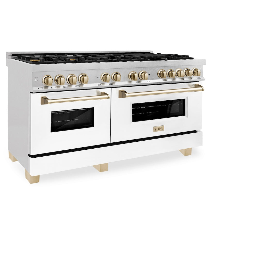 ZLINE Autograph Edition Legacy 60-inch range in satin stainless steel with white matte door and polished gold accents RASZ-WM-60-G, view 4