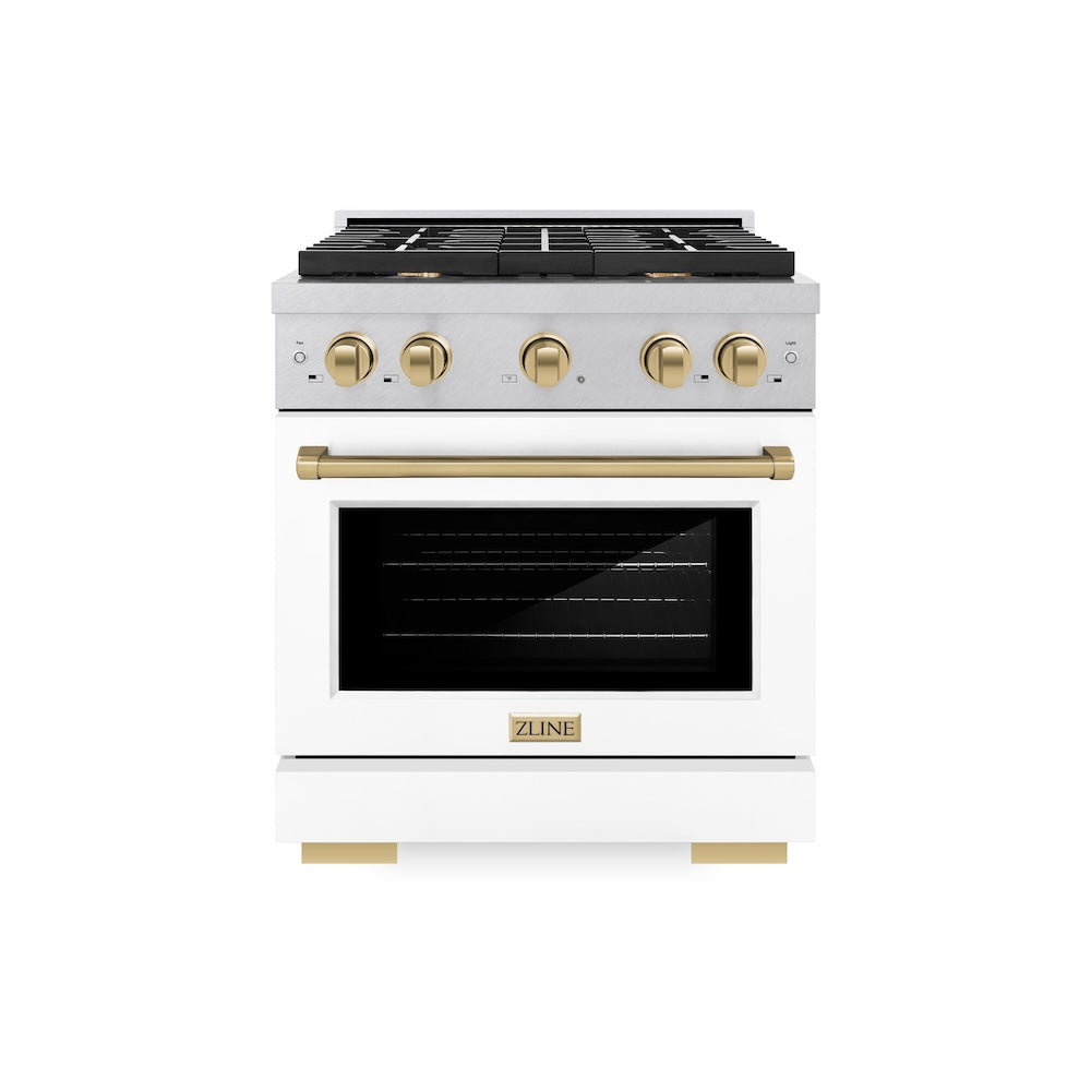 ZLINE Autograph Edition Paramount 30-inch range in satin stainless steel with white matte door and champagne bronze accents SDRSZ-WM-30-CB, front view