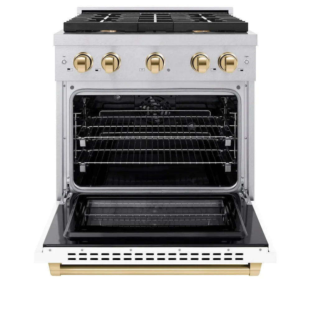 ZLINE Autograph Edition Paramount 30-inch range in satin stainless steel with white matte door and polished gold accents SDRSZ-WM-30-G, front view