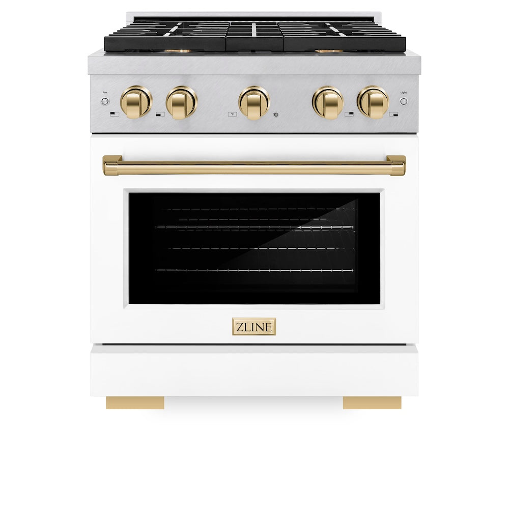ZLINE Autograph Edition Paramount 30-inch range in satin stainless steel with white matte door and polished gold accents SDRSZ-WM-30-G, front view