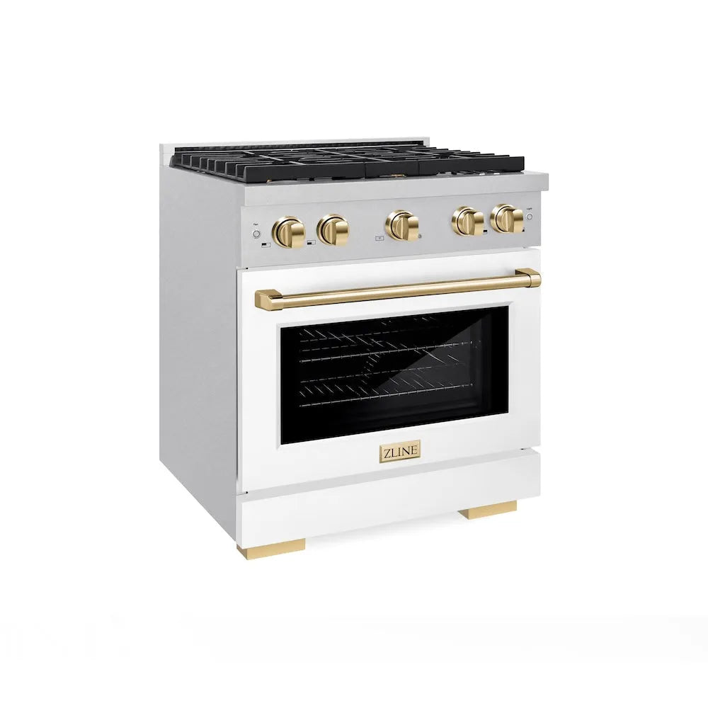 ZLINE Autograph Edition Paramount 30-inch range in satin stainless steel with white matte door and polished gold accents SDRSZ-WM-30-G