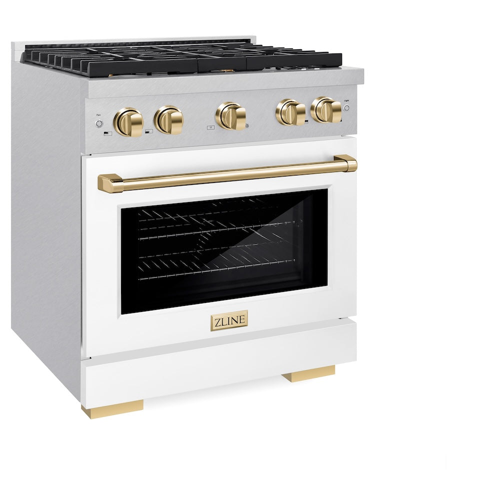 ZLINE Autograph Edition Paramount 30-inch range in satin stainless steel with white matte door and polished gold accents SDRSZ-WM-30-G, view 4