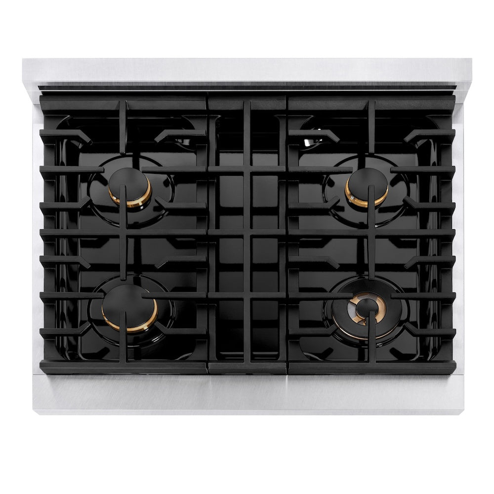 ZLINE Autograph Edition Paramount 30-inch range in satin stainless steel with white matte door and polished gold accents SDRSZ-WM-30-G, from above