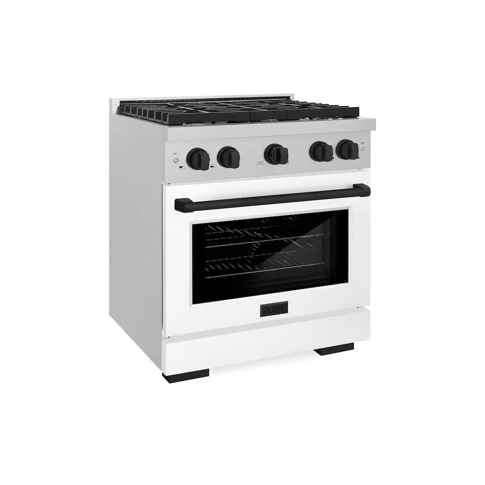 ZLINE Autograph Edition Paramount 30-inch range in satin stainless steel with white matte door and matte black accents SDRSZ-WM-30-MB